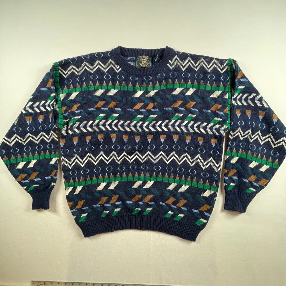 Bonjour Menswear Vintage Navy Geometric Fair‎ Isle Knit Sweater Large